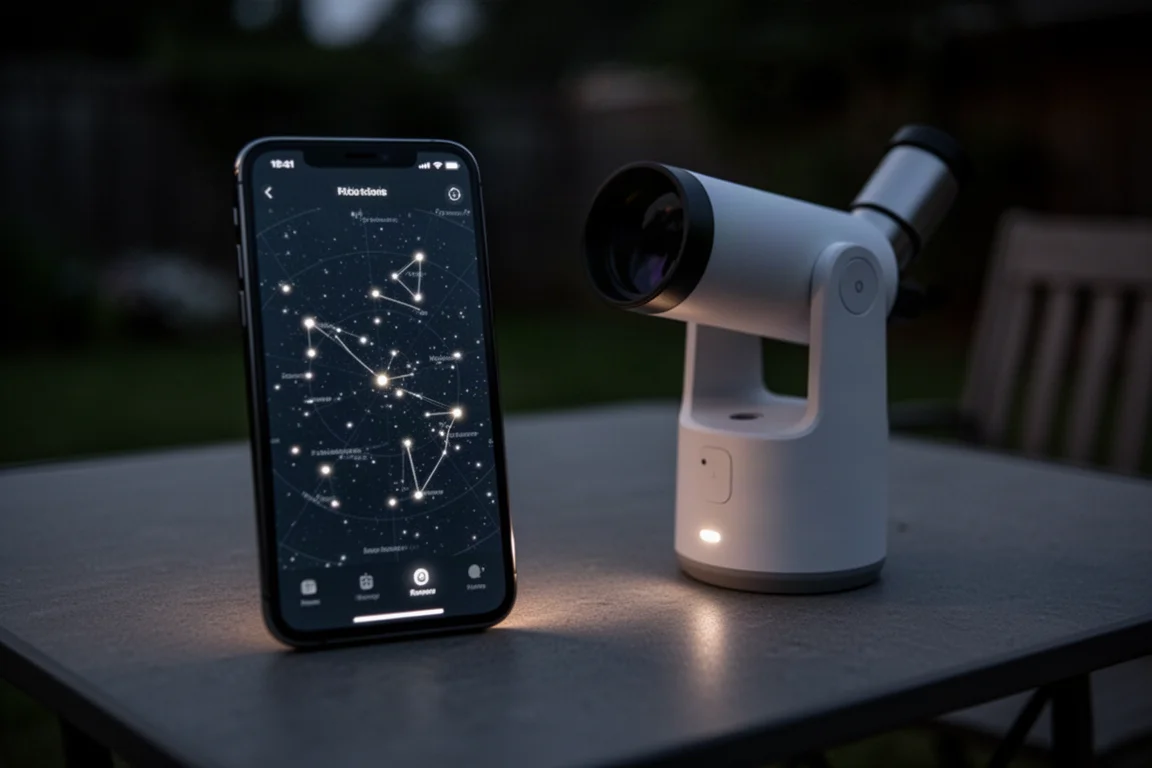 夜、望遠鏡のそばで天体アプリを表示したスマートフォン