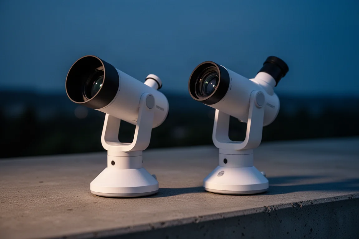 Two compact white smart telescopes side by side on concrete at dusk