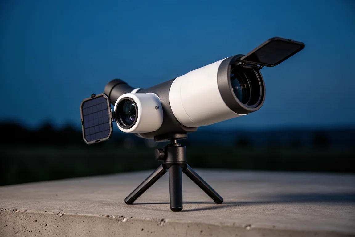 Compact smart telescope on a small tripod against a dusk sky