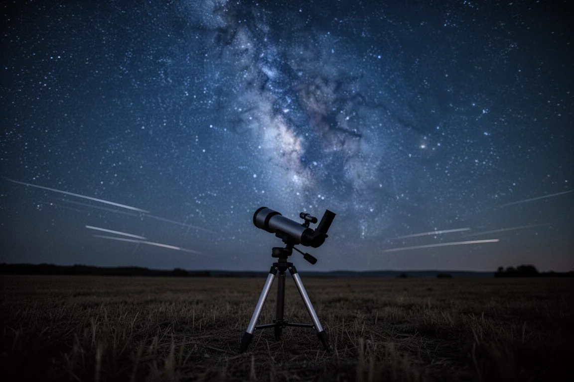 在漆黑野外星空下架設好的智能望遠鏡