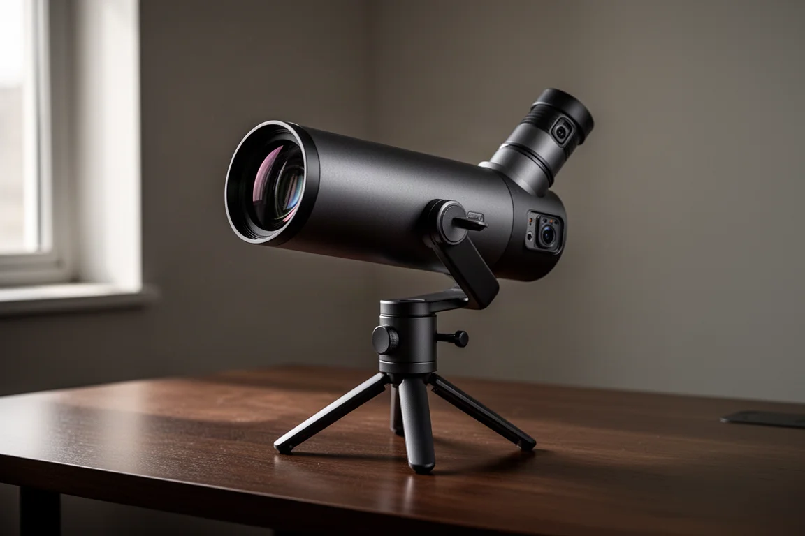 Compact matte black smart telescope with cylindrical optical tube on a small tripod