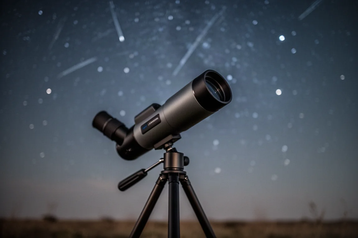 望遠鏡指向一片清晰星空,手機App顯示極軸對準流程