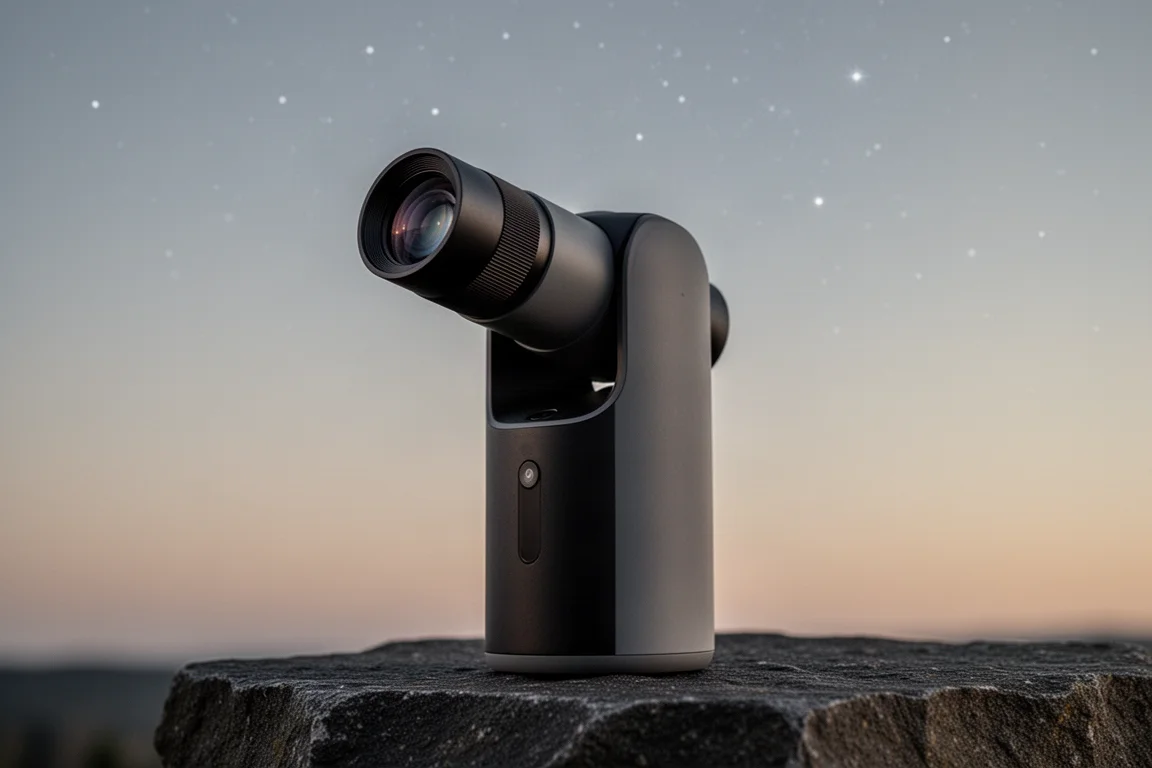 Compact vertical smart telescope standing on a dark stone surface at dusk