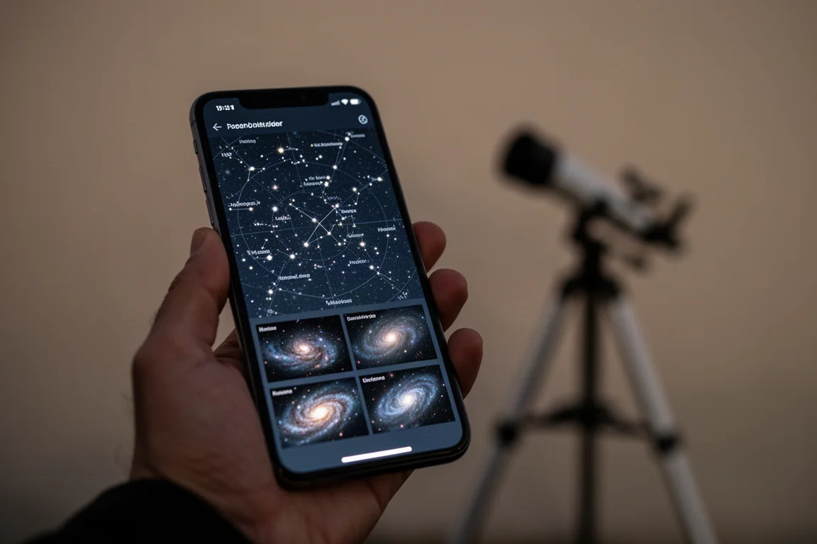 手机 App 界面特写,夜间显示深空天体目标列表