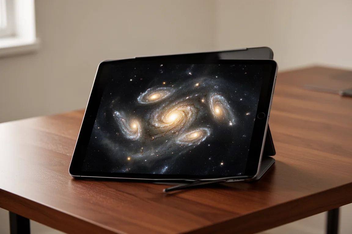 平板电脑屏幕上显示一组星系三重奏的鲜艳叠加天文照片