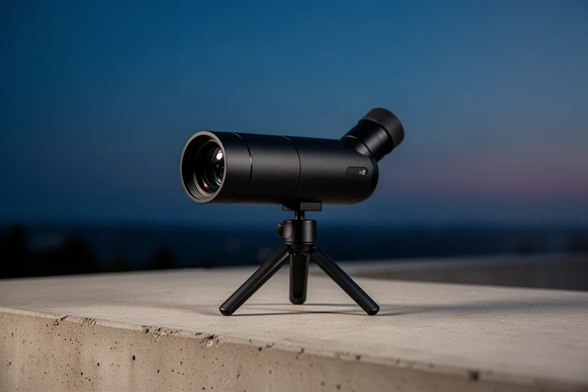 Compact smart telescope on a small tripod against a dusk sky