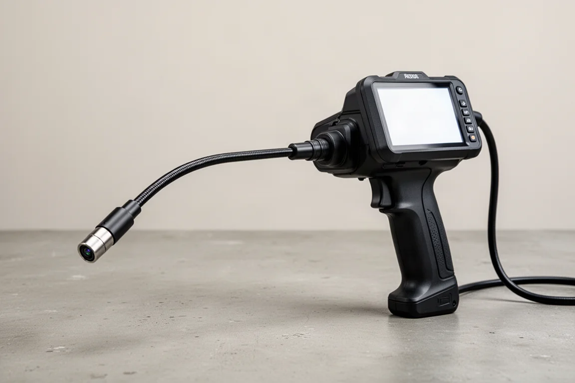 Flat-lay of ten automotive tools including dash cam, air duster, jump starter, and space heater on concrete surface