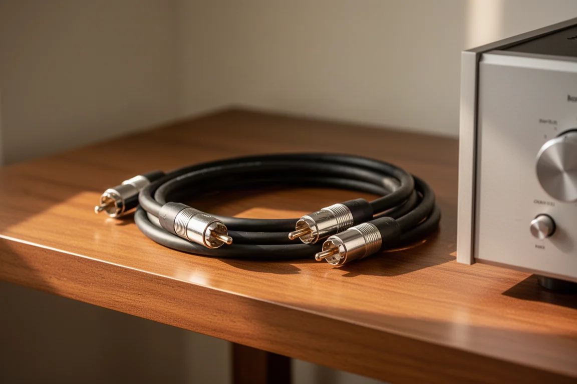 Cables de interconexión analógicos cortos y enrollados con conectores RCA robustos sobre un estante de madera