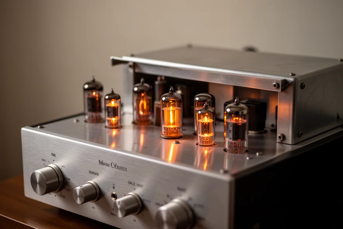 Válvulas de vacío incandescentes dentro del chasis de un preamplificador a válvulas vintage con poca luz