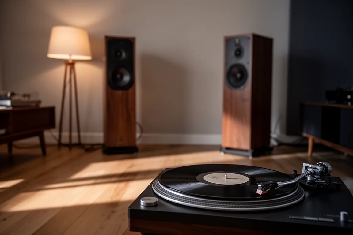 Tocadiscos reproduciendo un disco de vinilo con altavoces de suelo en una habitación con poca luz