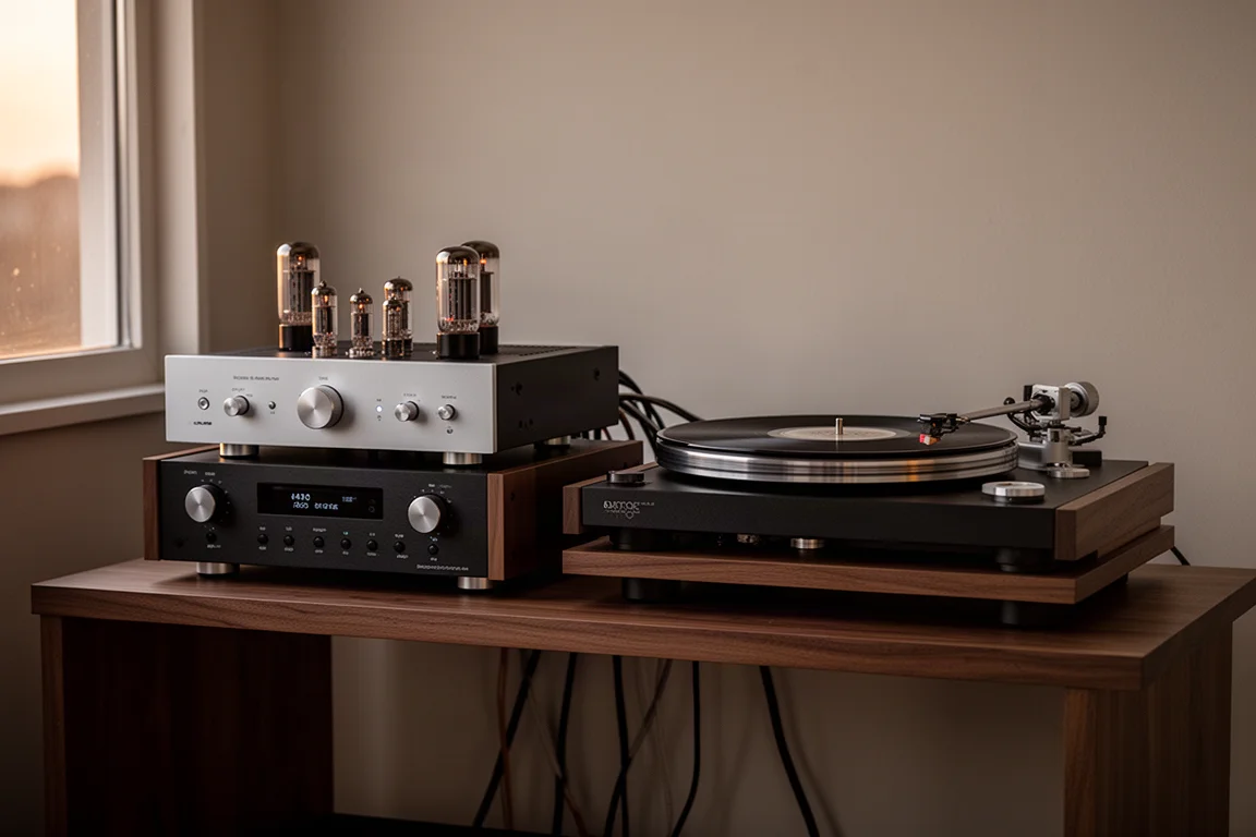 Sistema hi-fi vintage dispuesto en un estante bajo de madera con luz cálida de atardecer