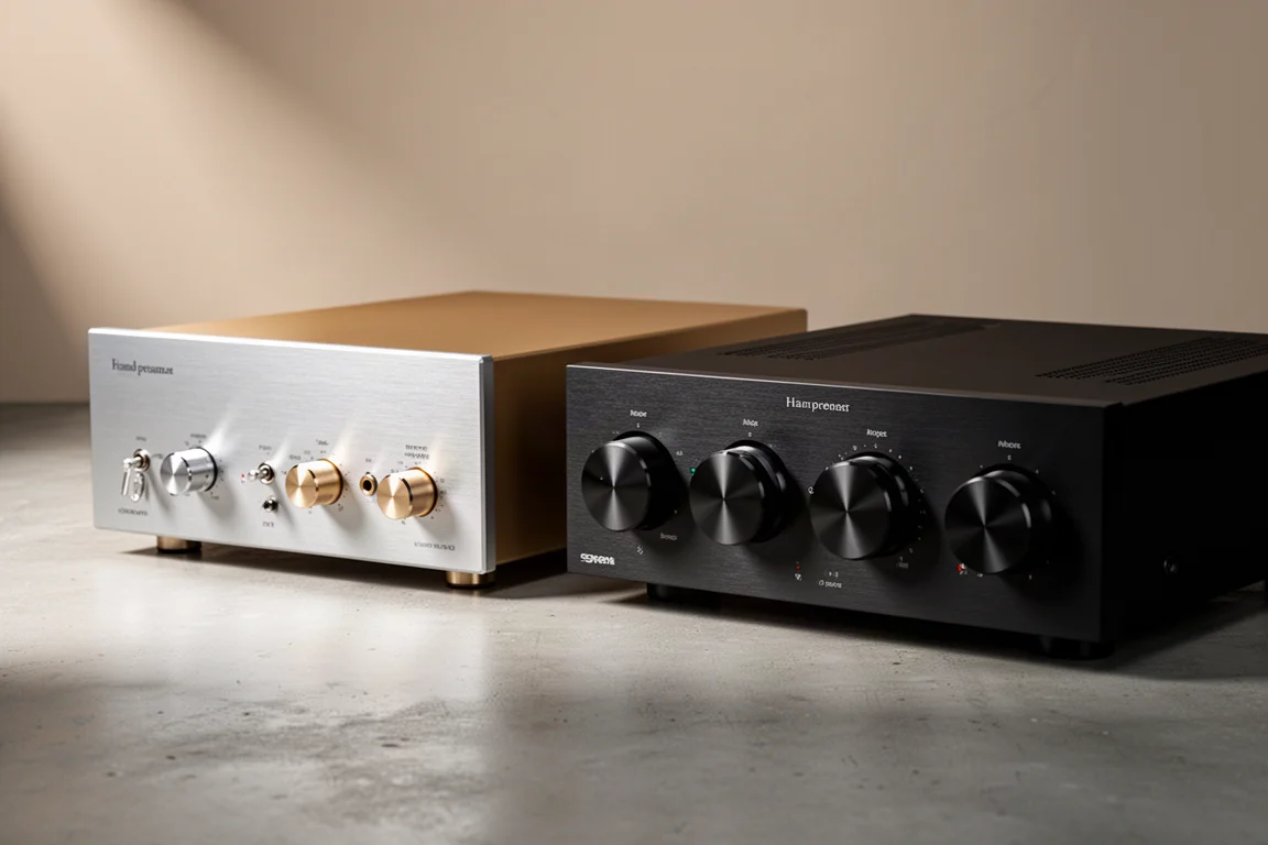 Two vintage preamplifiers, a silver tube model and a black dual mono model, on a concrete surface