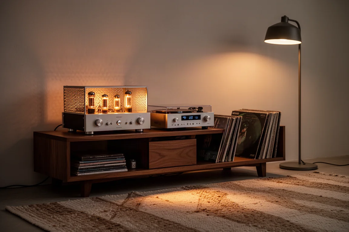 Varmt lyssningsrum i skymningen med en vintage stereo på en trähylsa och vinylskivor