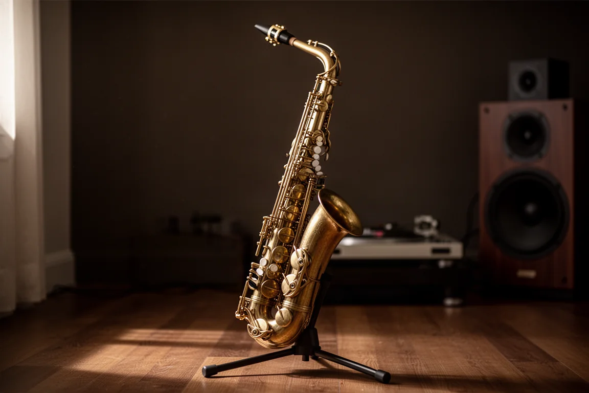 Tenorsaxofon på ett stativ i ett varmt upplyst rum med en skivspelare suddig i bakgrunden