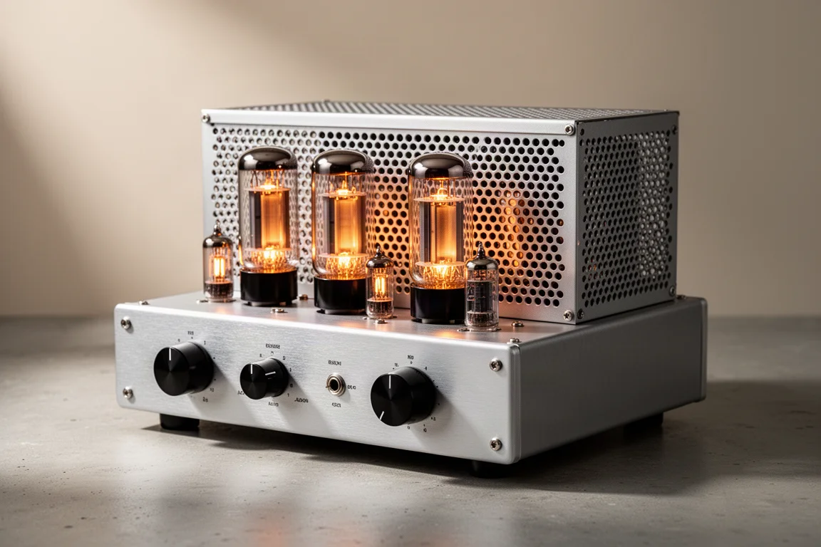 Vintage stereo tube amplifier with perforated cage and glowing tubes on a concrete surface
