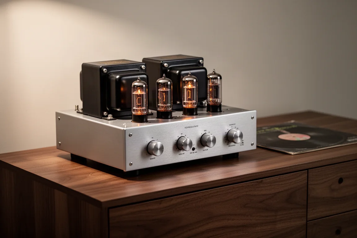 Vintage tube stereo amplifier with glowing tubes on a walnut sideboard beside a record sleeve