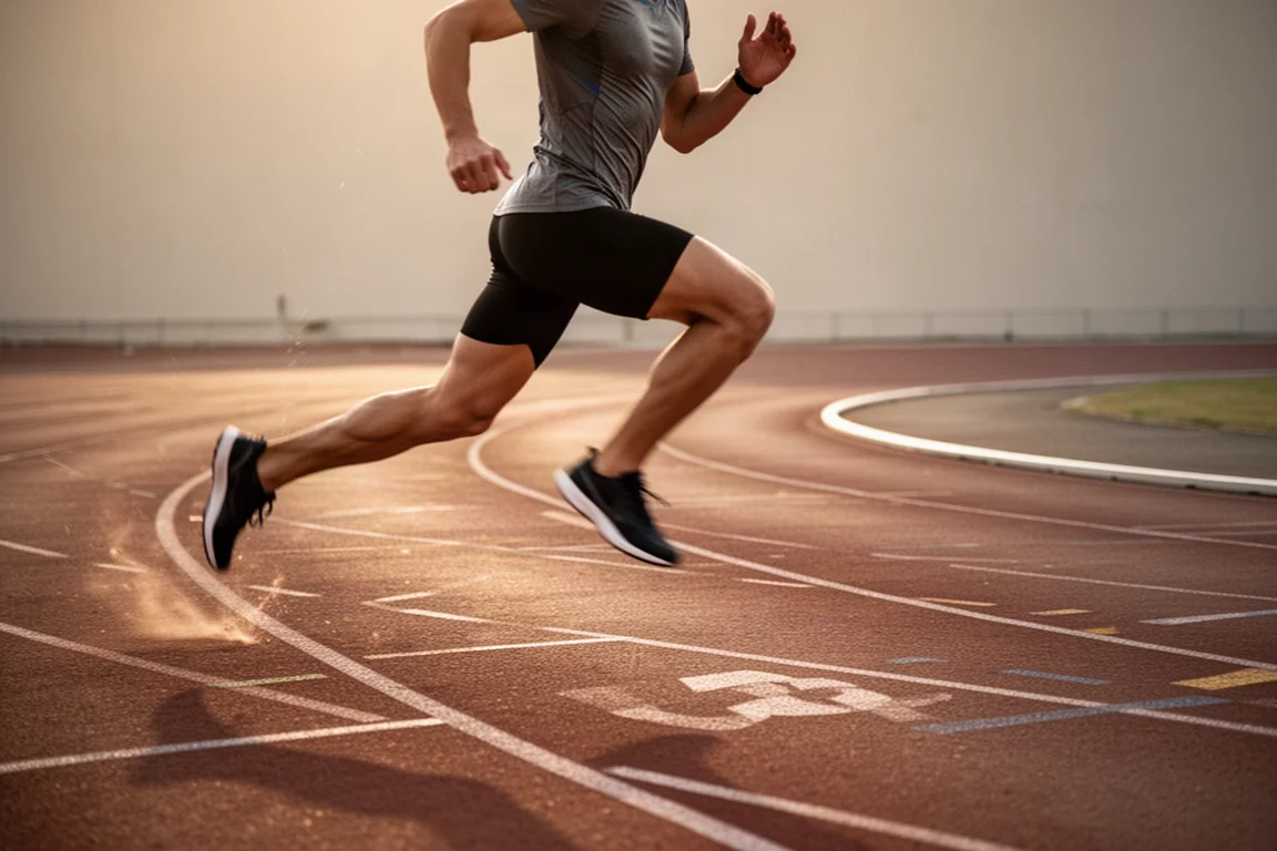 Corredora iniciando series rápidas en pista en un circuito de atletismo exterior iluminado por el sol