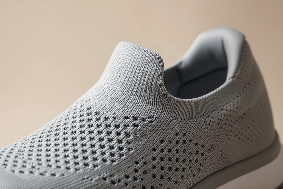 Primer plano del upper de tejido de una zapatilla de running mostrando la textura transpirable