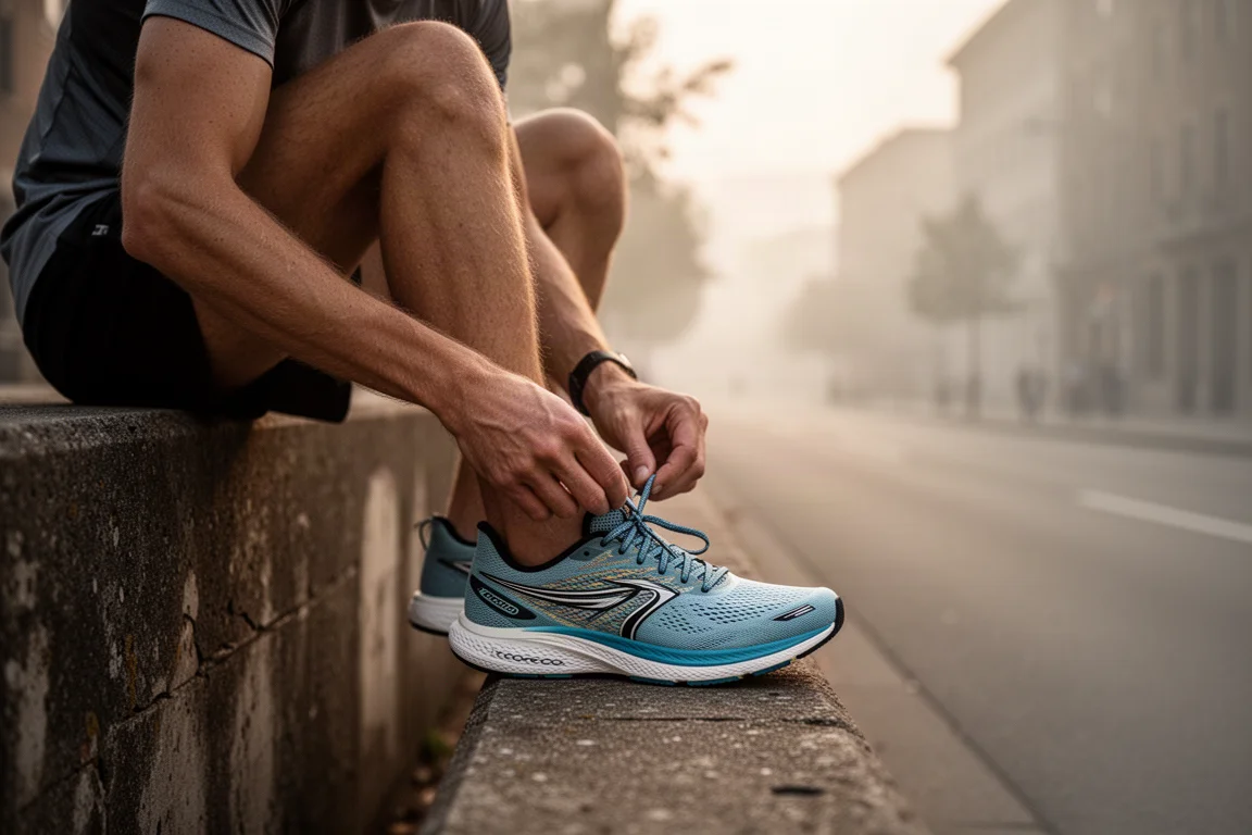 Road runner lacing up a lightweight daily trainer on a quiet morning street