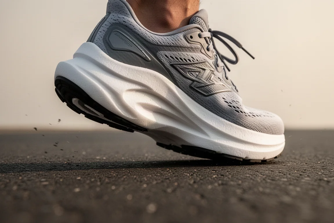Close-up of a supercritical foam midsole mid-stride on smooth tarmac