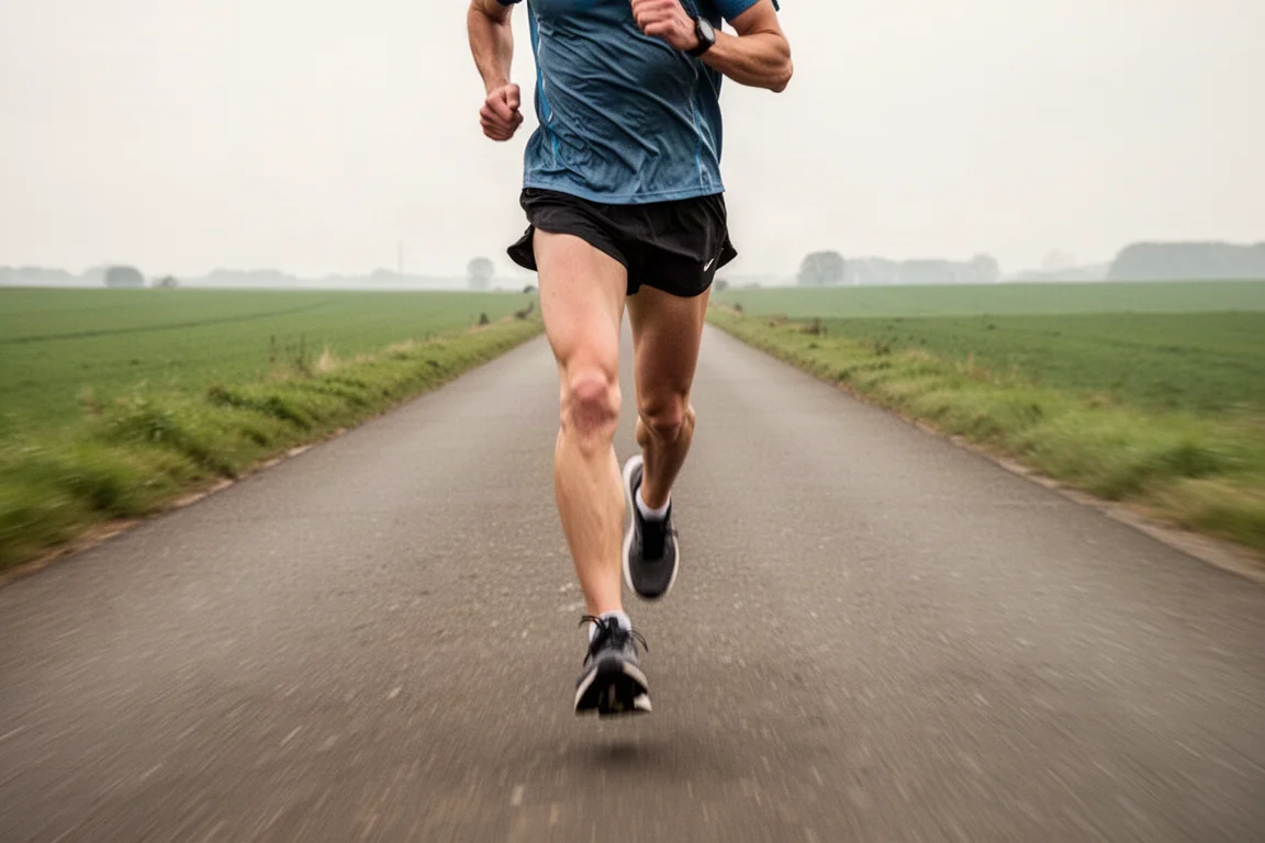 Runner holding a steady tempo pace on a long straight road