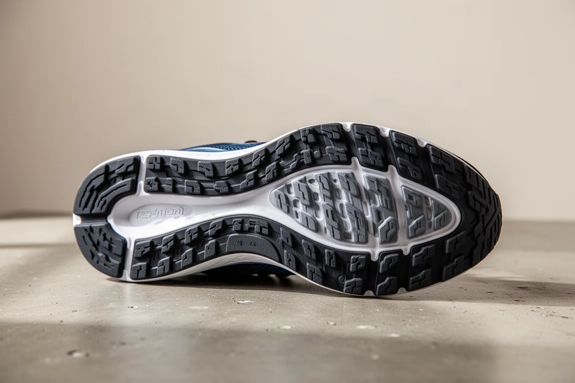Full-coverage rubber outsole of a running shoe shown close-up