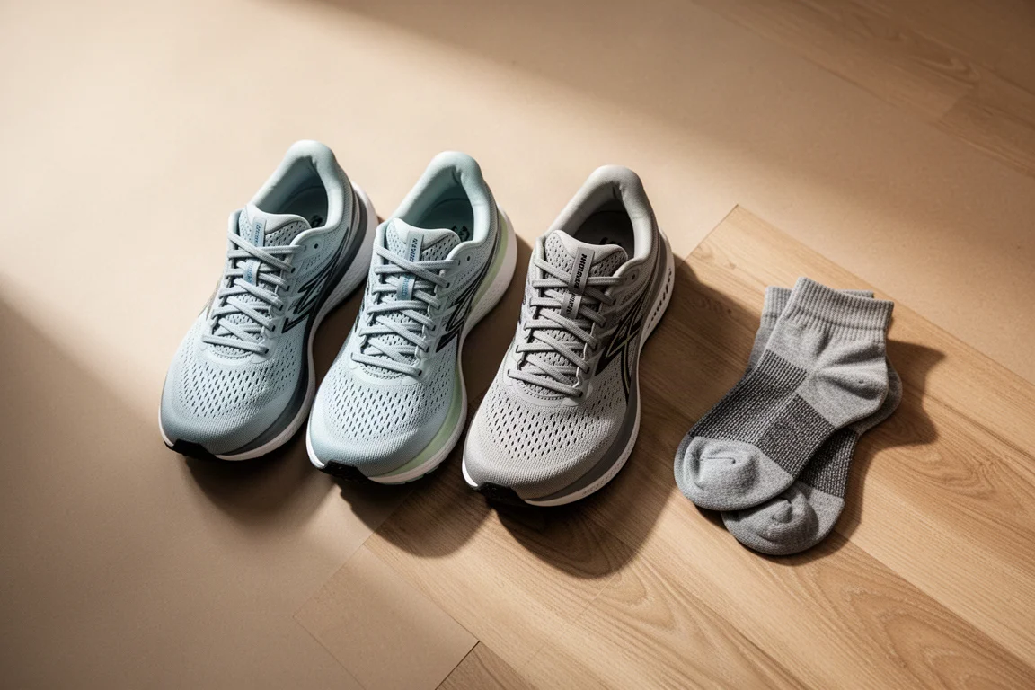 Un coureur lacsse deux chaussures de running légères sur un parquet en bois avant une sortie