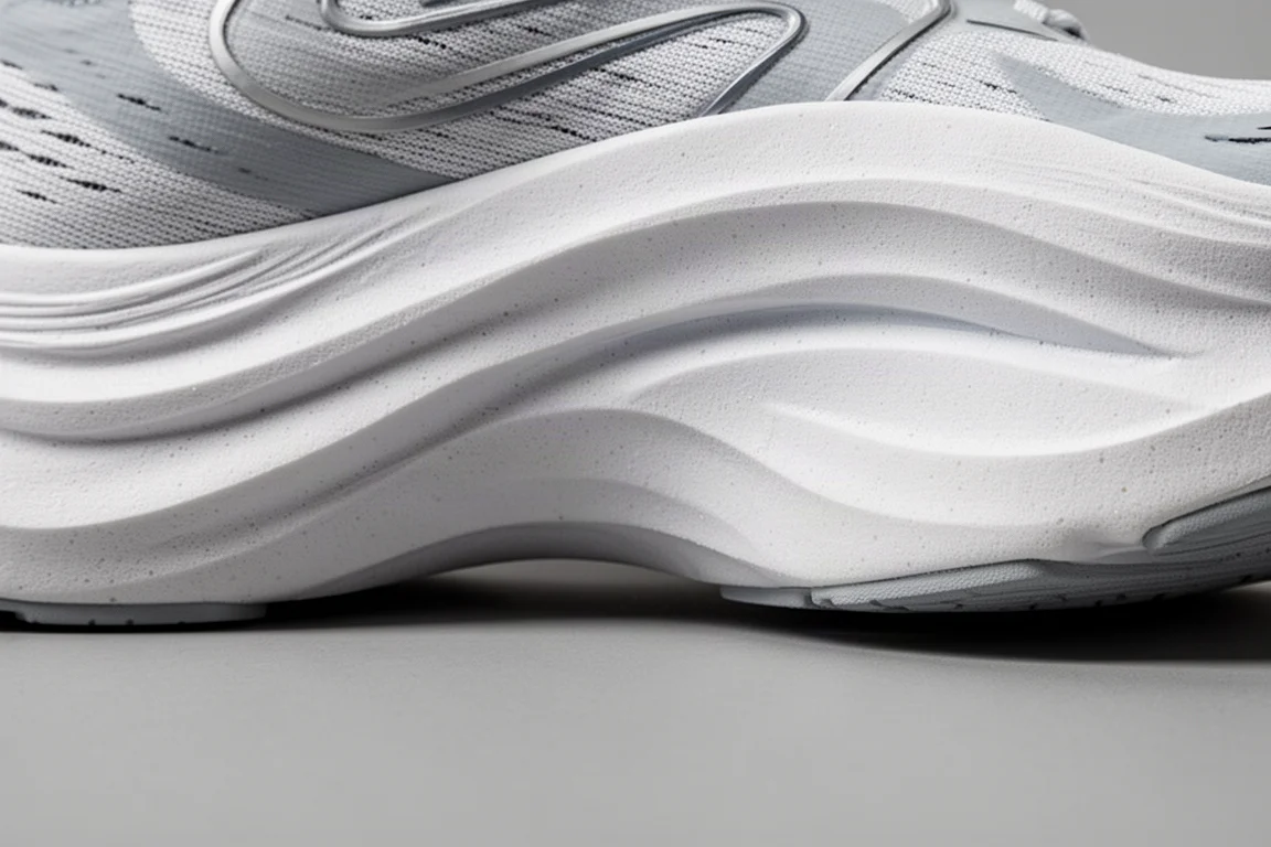 Gros plan sur une semelle intermédiaire amortie de chaussure de running montrant un profil basculant
