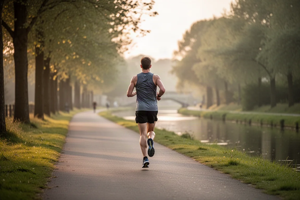 Un coureur longe un canal à allure facile dans une douce lumière de fin de journée