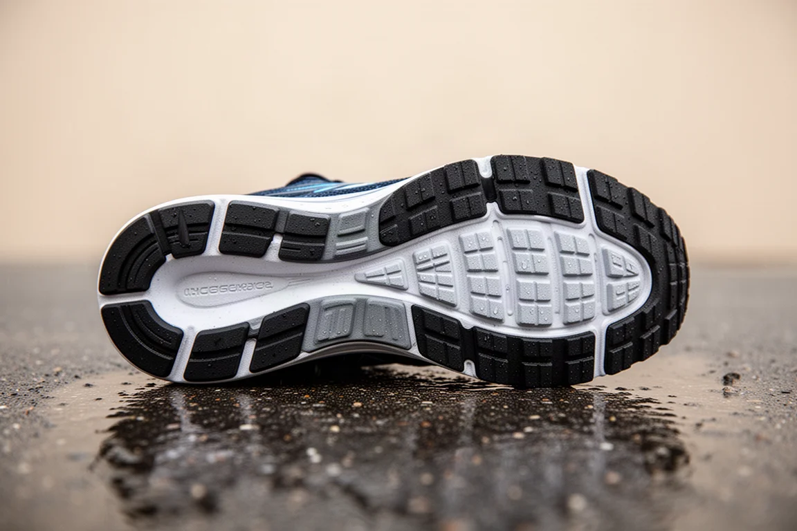 Gros plan sur une semelle extérieure crantée de chaussure de running avec une épaisse couche de caoutchouc