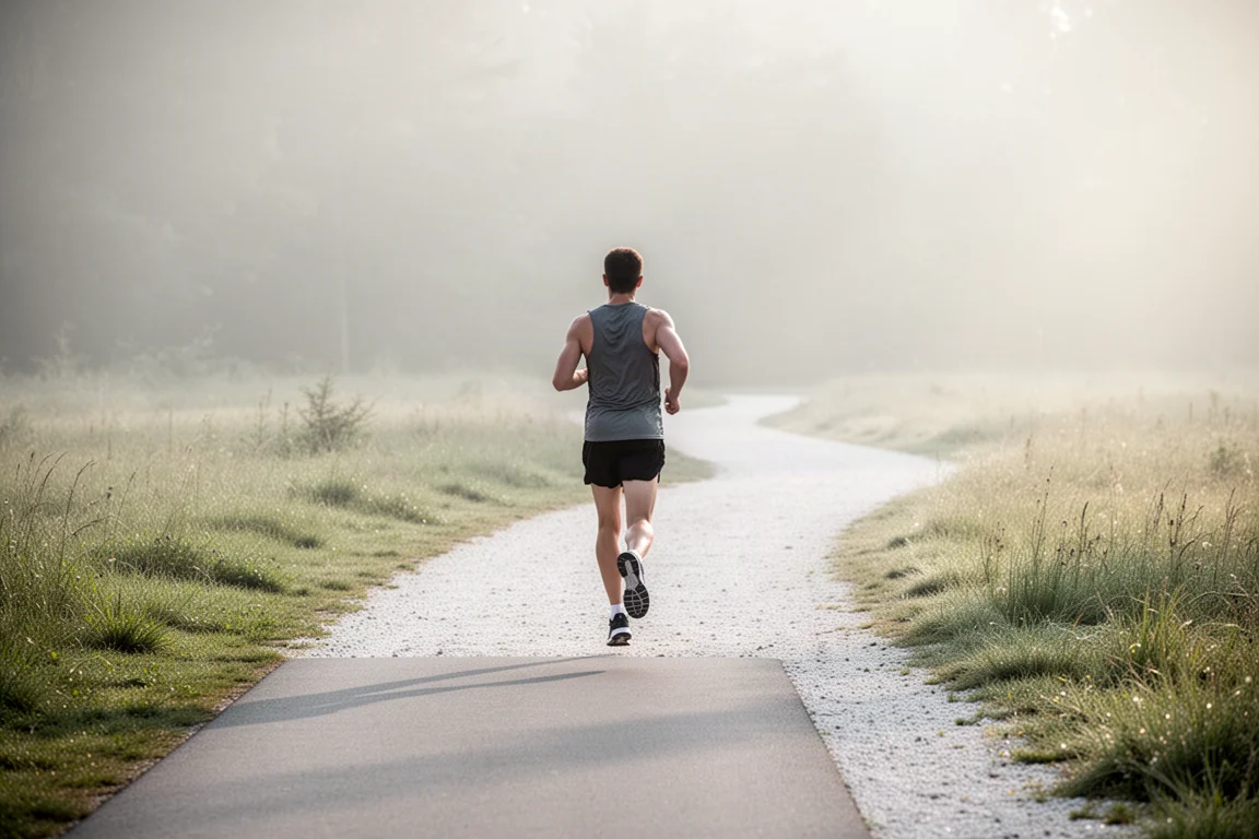 Runner moving from pavement onto a gravel trail in early morning light