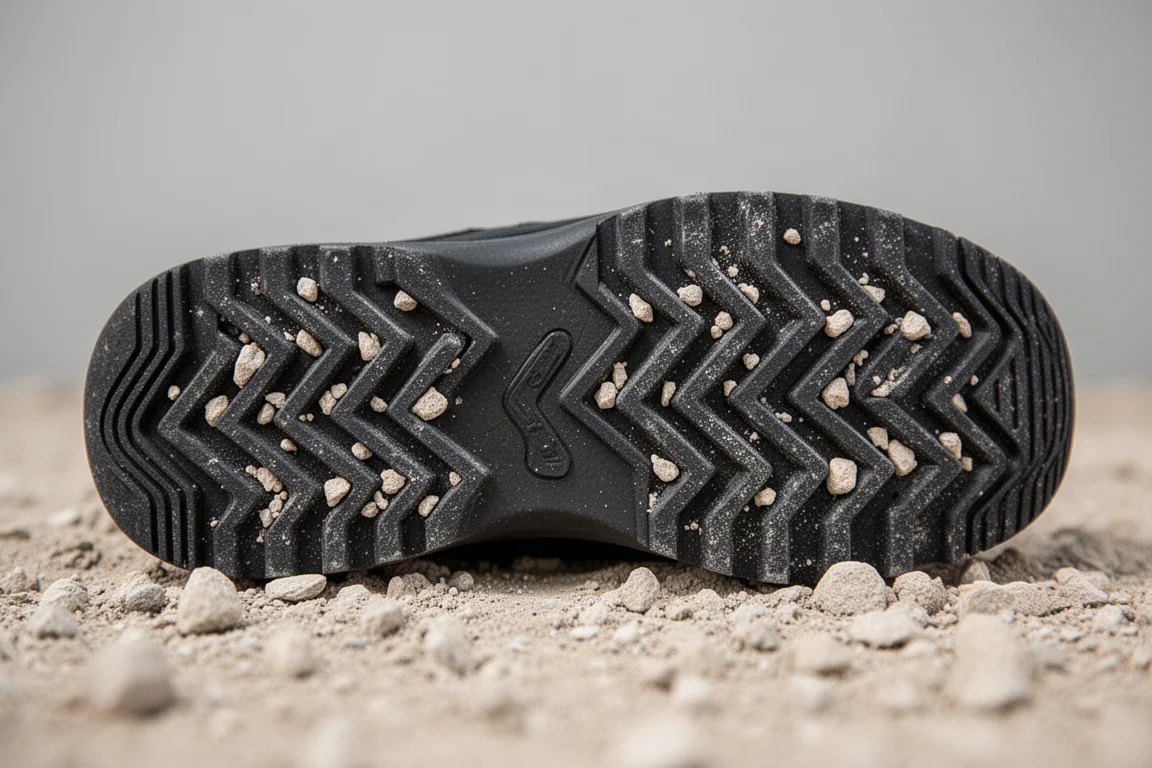 Close-up of shallow chevron lugs on a trail shoe outsole resting on dry gravel
