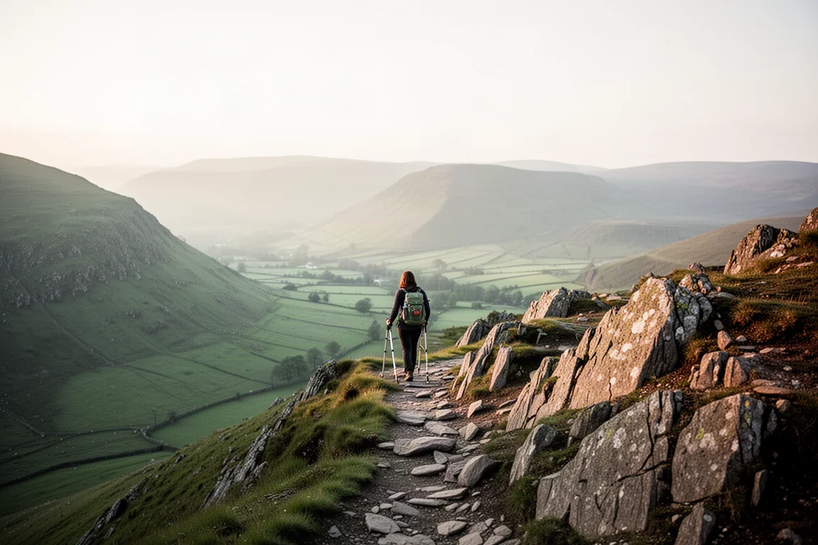 Hiker with a light pack walking a rocky ridge path in warm afternoon light