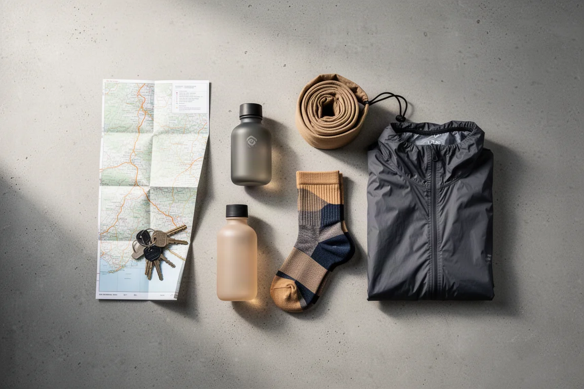 Overhead flat lay of trail running essentials on a concrete surface