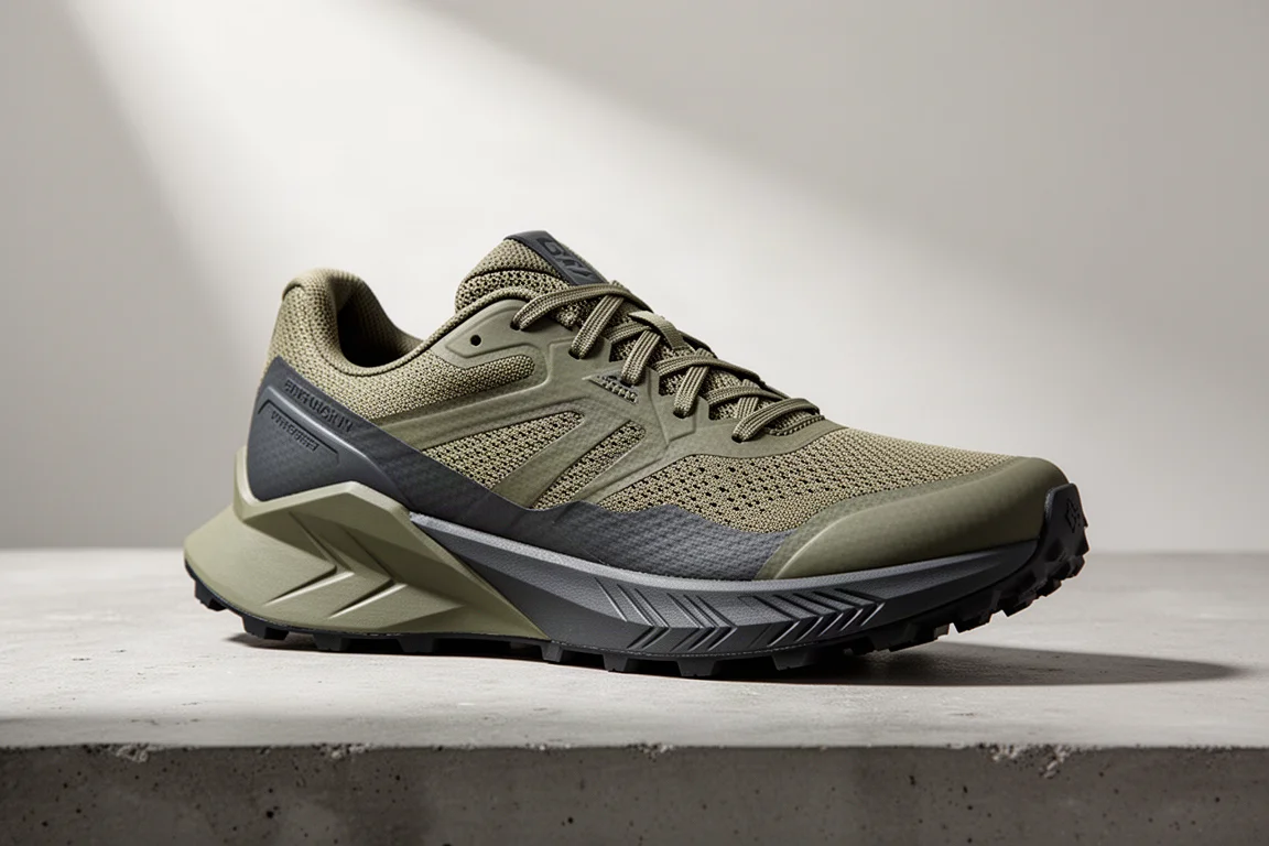 Olive and grey trail running shoe with cushioned heel on a matte concrete surface