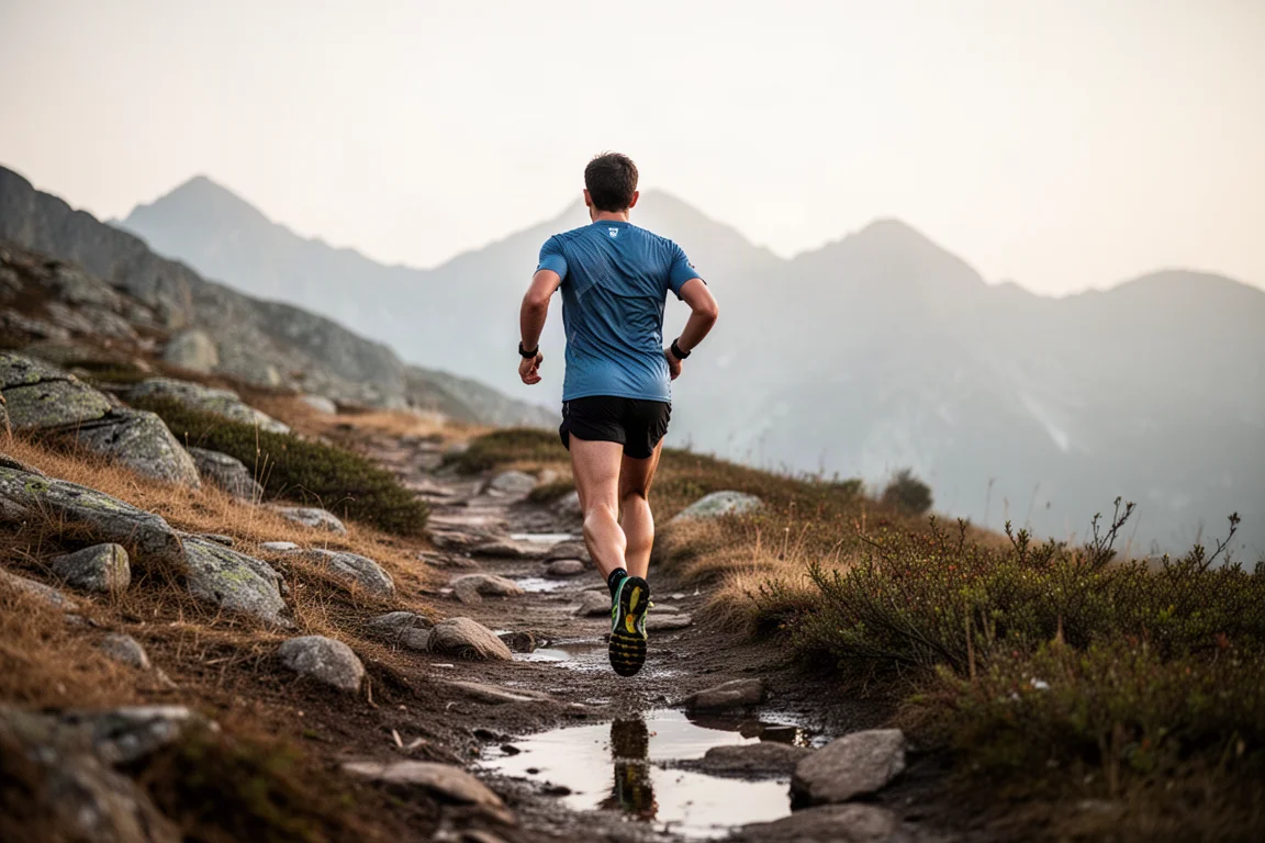 Trailrunner die over een rotsachtig bergpad loopt in zacht daglicht