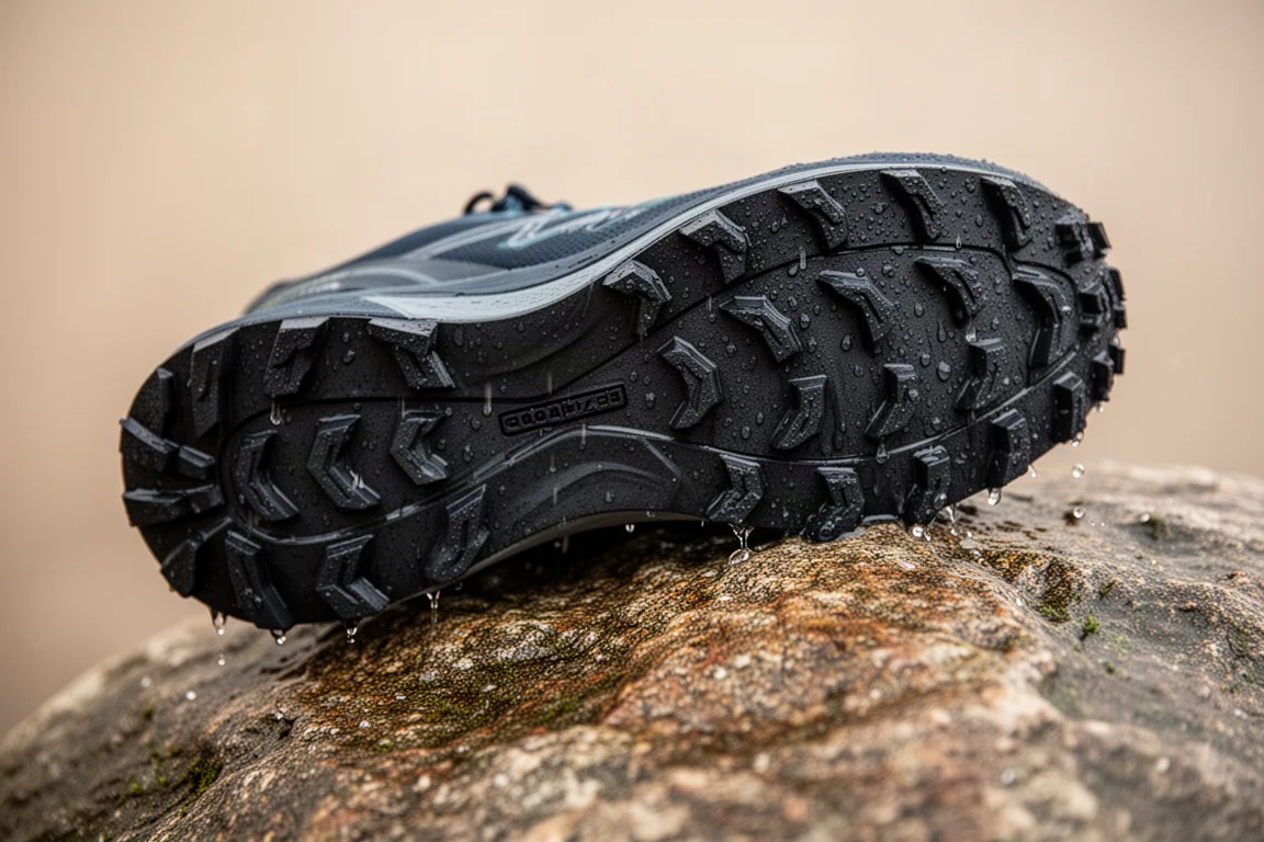Close-up van diepe rubberen trailnoppen die grip hebben op nat rots