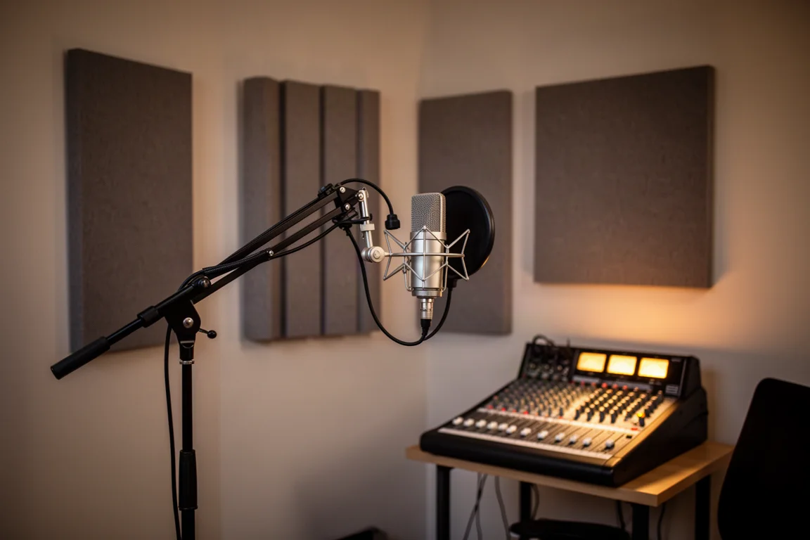 Home recording studio interior with a microphone stand, acoustic panels and a small mixing desk