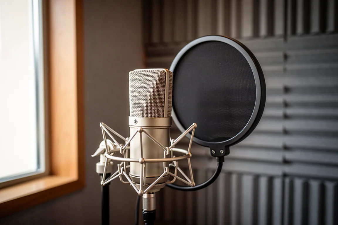 Condenser microphone in a shock mount behind a pop filter in a softly lit vocal booth