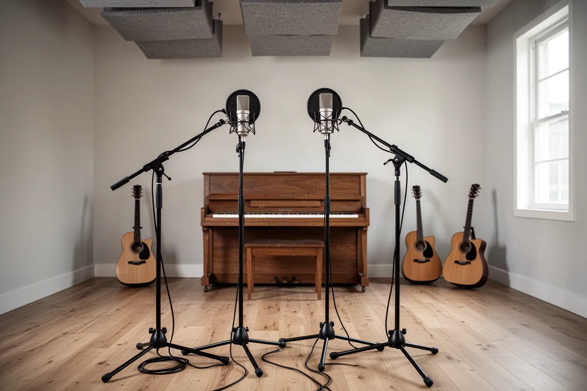 Studio room with microphones on stands facing a piano and acoustic guitars