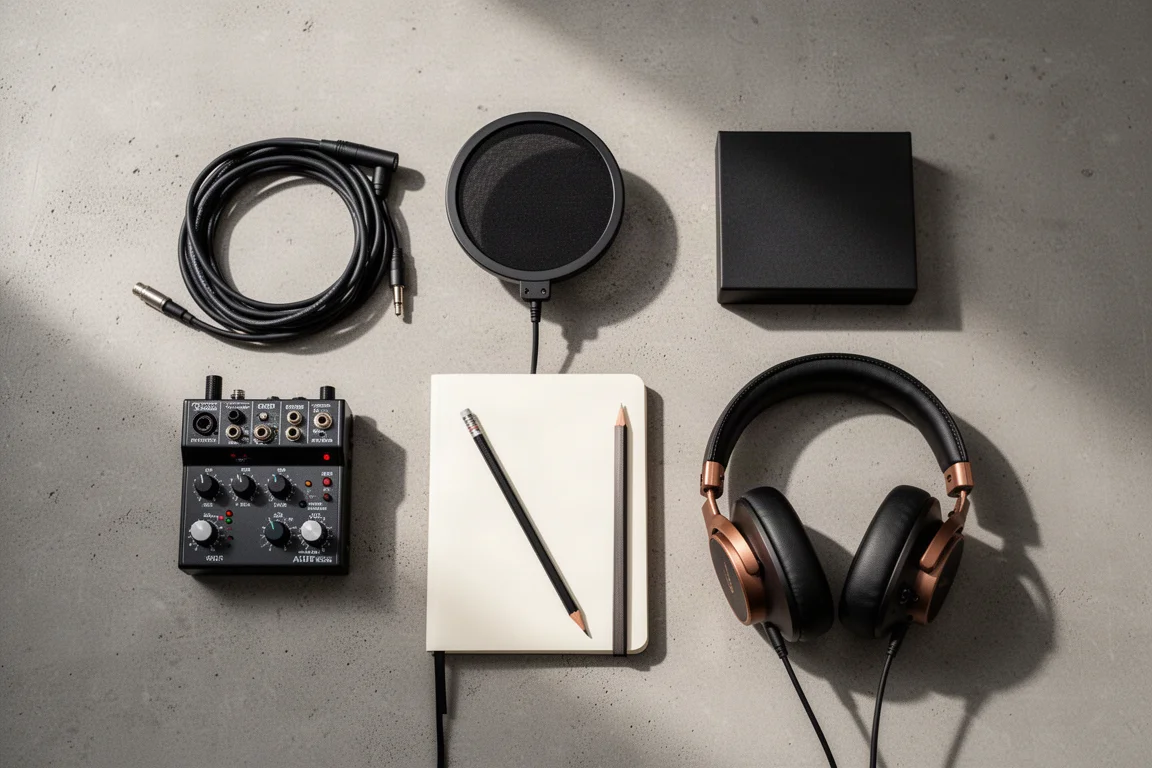 Overhead flat lay of microphone cable, pop filter, small mixer and headphones on concrete