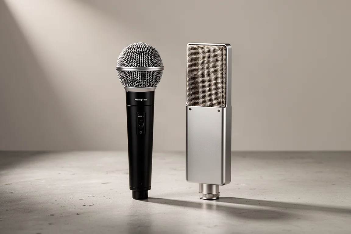 Dynamic and condenser microphones side by side on a matte concrete surface