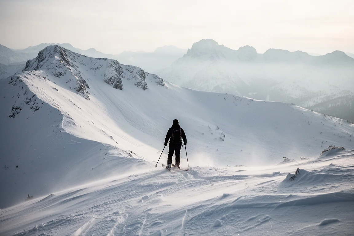 Wide powder skis standing upright in fresh deep snow at sunrise with distant ridgeline