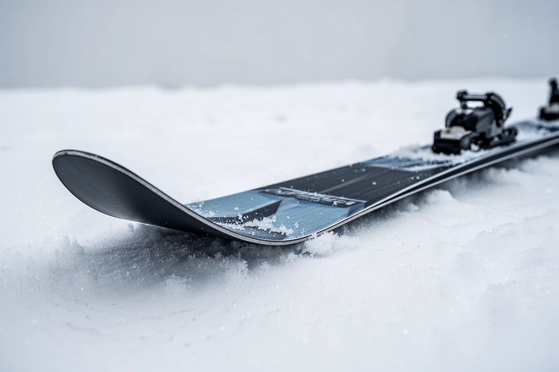 Skier drifting a long powder turn with snow billowing around the ski tails