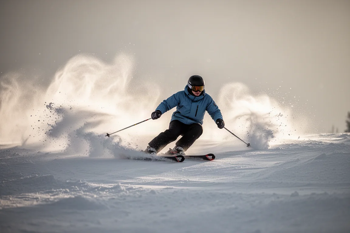 Steep tree-lined ski slope with untracked snow between tight evergreens