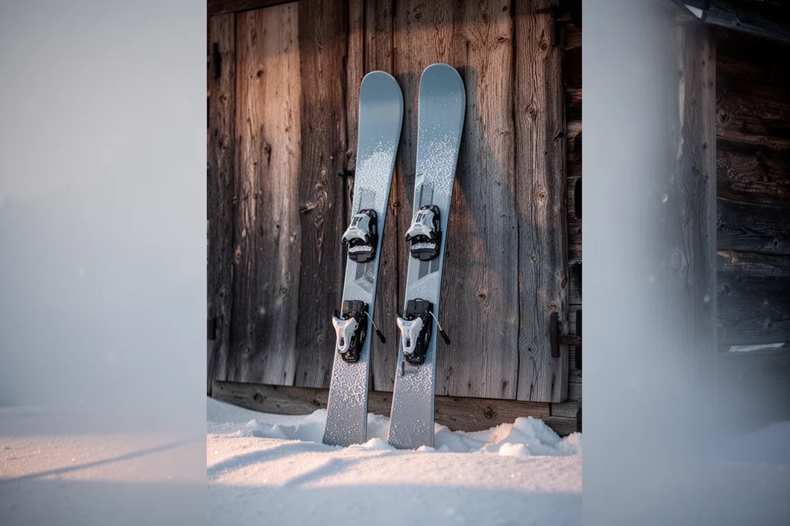 Overhead flat lay of ski gloves, goggles, poles and a thermos on concrete