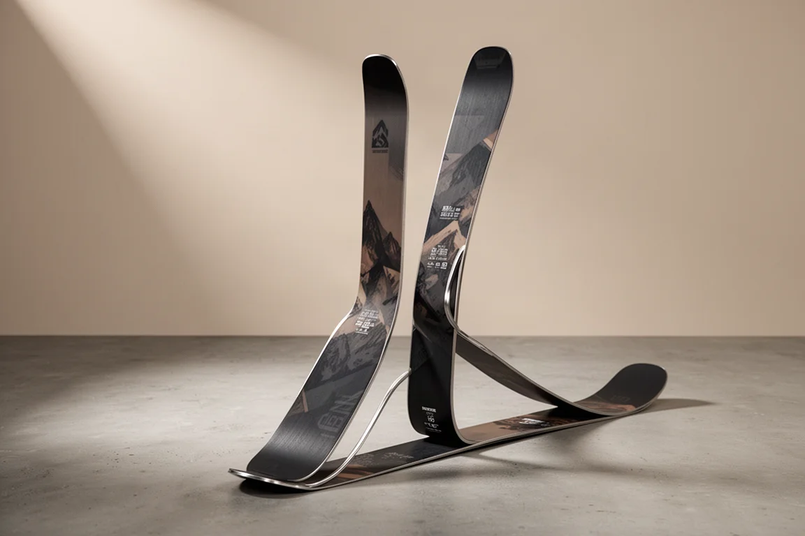 Wide powder skis with pronounced tip and tail rocker laid flat on a concrete surface