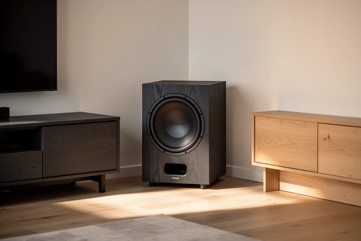 Subwoofer i odbiornik AV w rogu salonu z widocznym panelem regulacji zwrotnicy