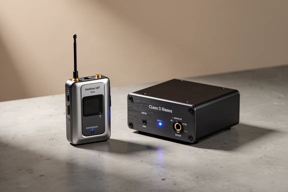 Compact wireless transmitter and small Class D amplifier side by side on a concrete surface
