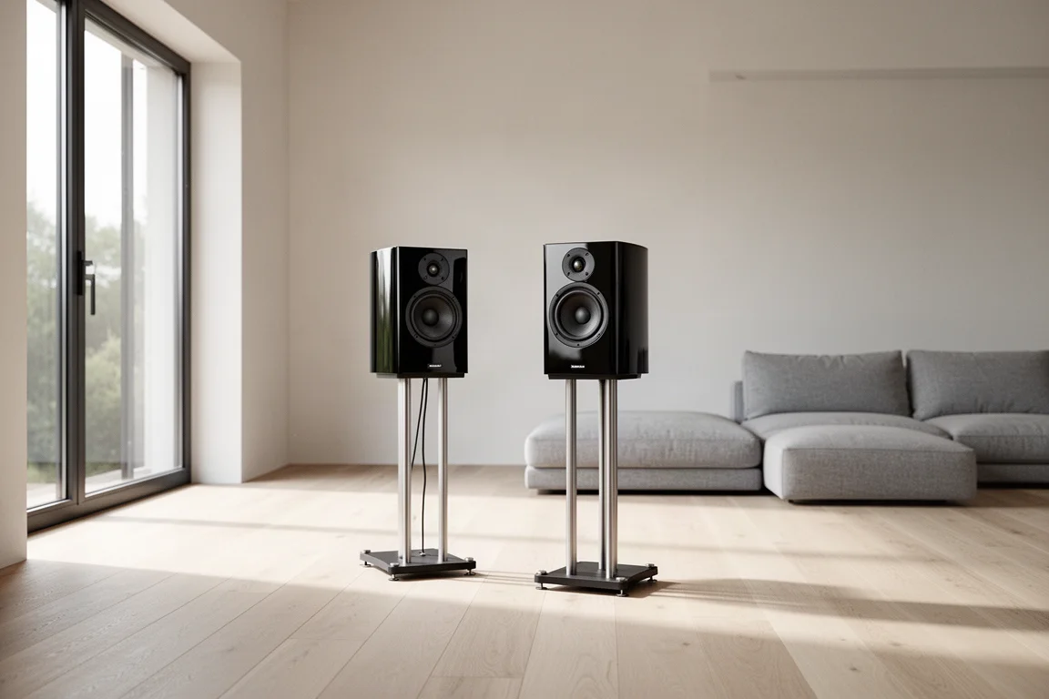 Altavoz de monitor negro brillante sobre un soporte en un salón luminoso con una pared abierta